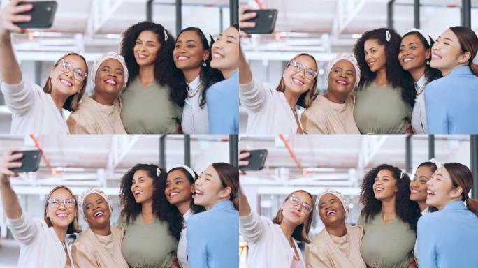 商务女性，自拍照和电话与一个快乐的团队一起拍摄社交媒体个人资料图片，并带有微笑，幸福和支持。一群拥有
