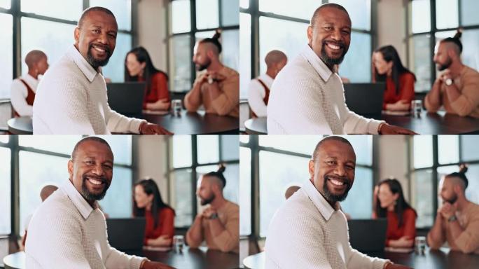 快乐的黑人，肖像和商务会议与办公室团队合作，管理和工作流支持，以获得启动成功。微笑、激励和成熟的领导