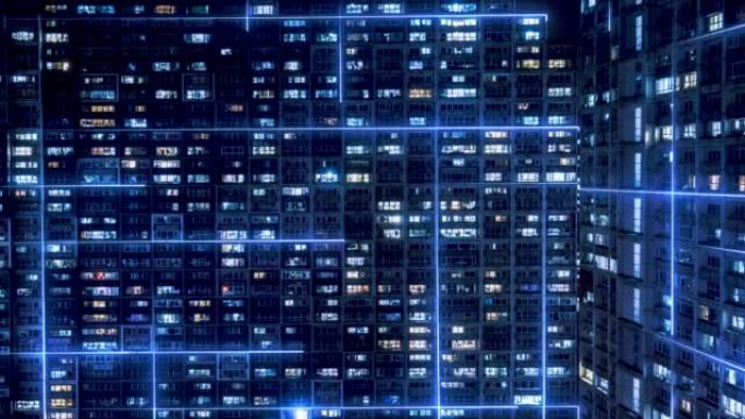 T/L智慧城市与Metaverse概念，住宅建筑夜间鸟瞰图