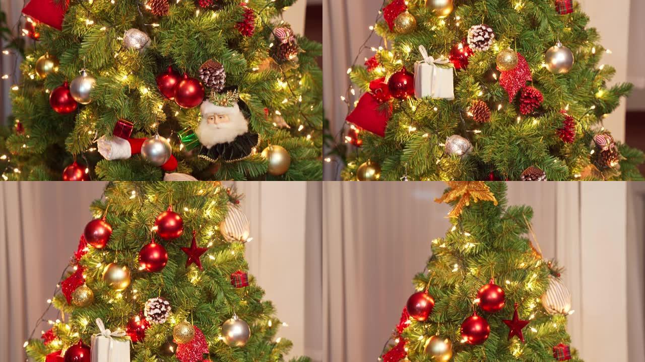 4K UHD向上倾斜: 带有装饰品和灯光的圣诞树，可在节日快乐和圣诞节快乐的季节装饰房屋。