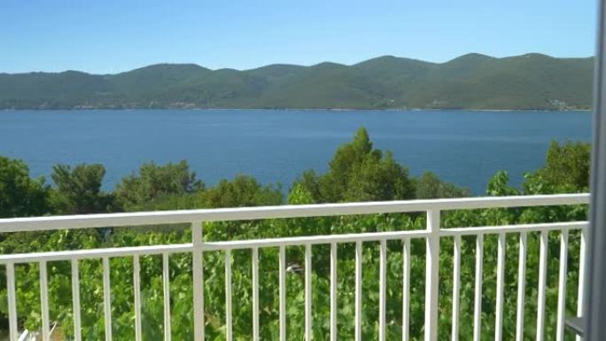 白色栏杆阳台可以看到地中海绿化覆盖的海滩。