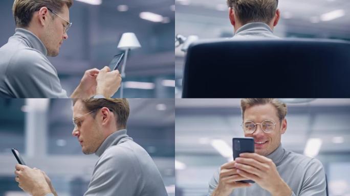 办公室360学位: 使用智能手机坐在办公桌前的创意商人肖像。数字企业家使用手机，互联网电子商务在线购