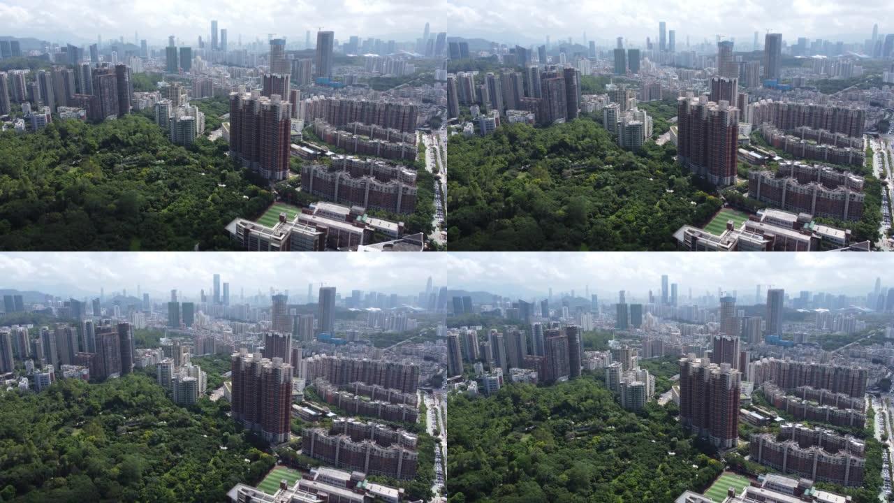 深圳梅林水库及城市建筑鸟瞰图