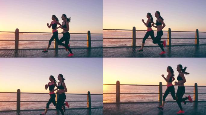 日落时两个朋友在长廊上慢跑的4k视频片段