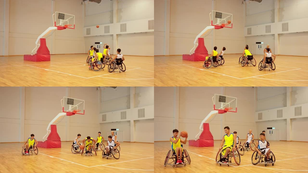 残疾人运动员在打篮球。