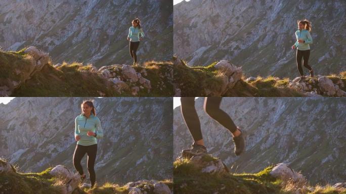 运动活跃的女人在山区的岩石小径和草坡上奔跑