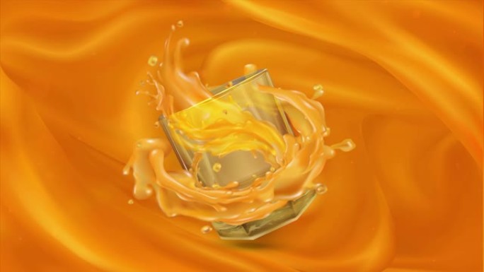 用玻璃杯制作橙汁的慢动作动画。