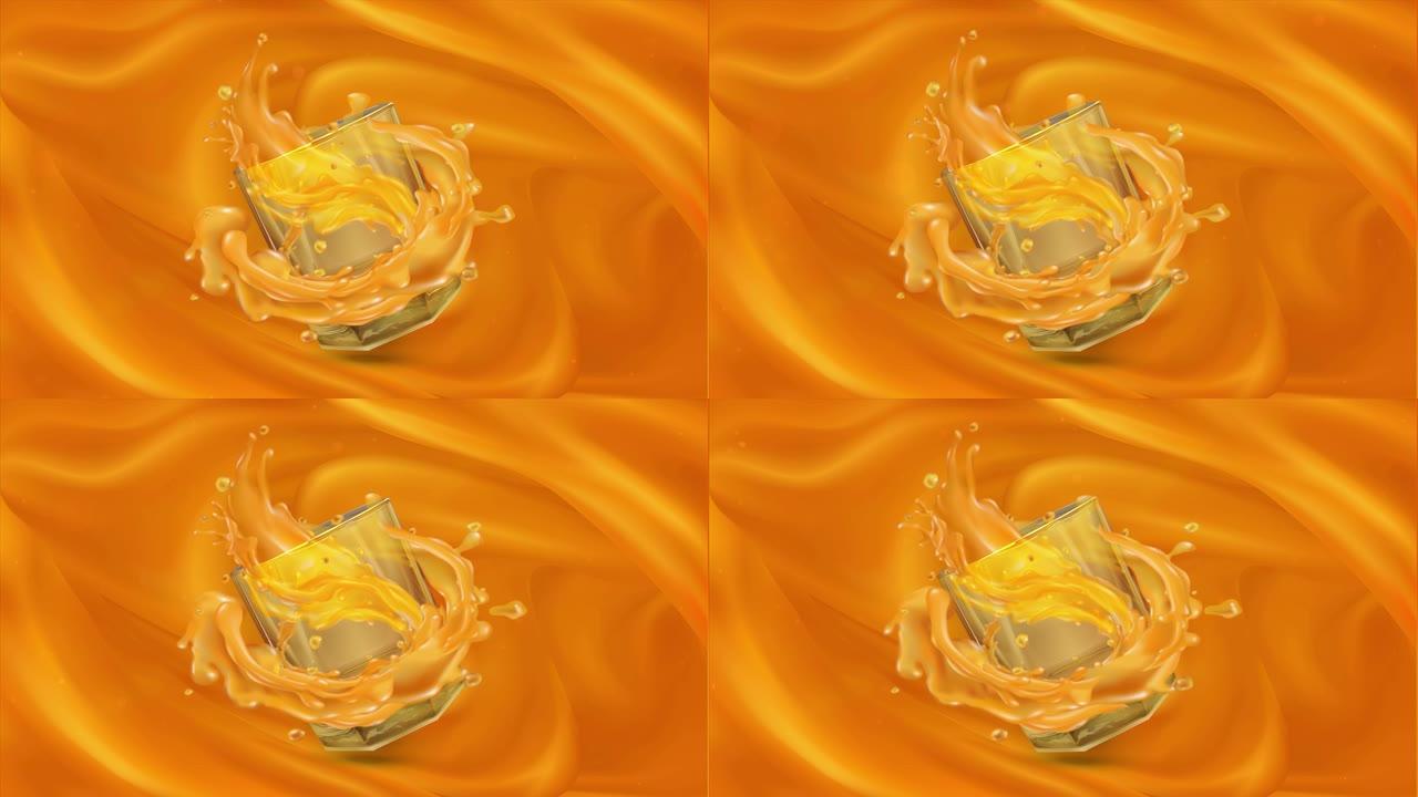 用玻璃杯制作橙汁的慢动作动画。