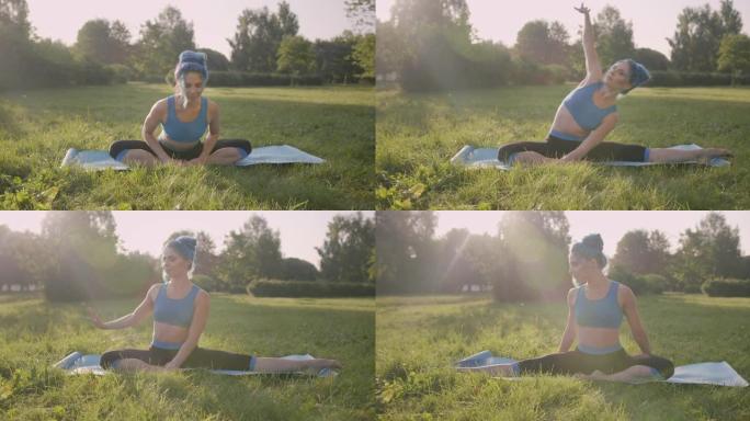 迷人的年轻女子，蓝色的头发，穿着蓝色的瑜伽服装，在公园的草地上做瑜伽，在日出或日落时，在瑜伽垫上向前