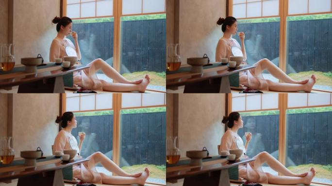 放松的女人喝杯茶休闲悠闲视频素材