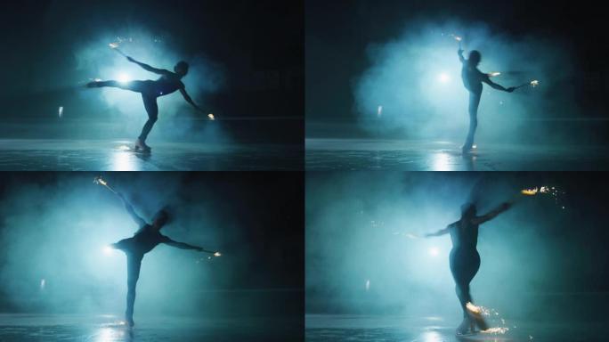 年轻的女花样滑冰运动员的电影镜头正在比赛中与溜冰场上的烟火表演女子的单人滑舞蹈。庆祝、节日、胜利的概