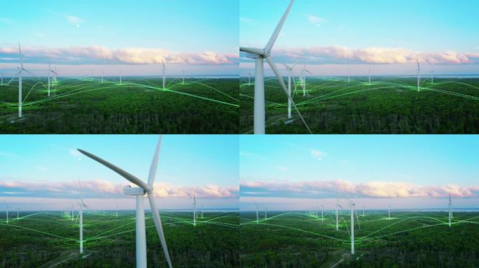在海边的森林中，环境风力涡轮机的风景优美的空中无人机镜头。带有VFX增强现实全息图的绿色可再生能源公