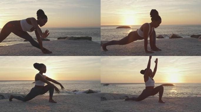 4k视频片段，一名年轻女子在海滩上做瑜伽伸展运动
