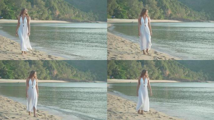 幸福的肖像27岁的拉丁美洲和西班牙裔年轻女子穿着白色连衣裙散步，享受海滩上的风景和风。假期-iSto