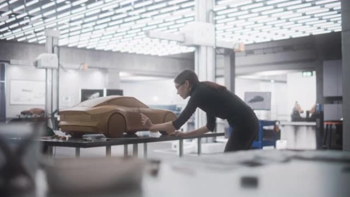 女性汽车建模师在由橡皮泥造型粘土制成的概念车上享受创造性的工作过程。成功的设计师使用刮铲来平滑现代电
