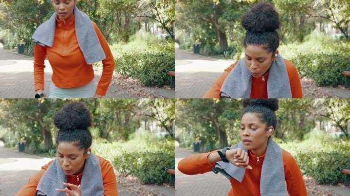 黑人妇女，秒表时间和跑步锻炼，锻炼挑战和公园健康训练。有氧健身，跑步者和运动员休息时监测步数，心率和