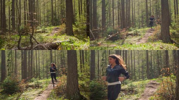 微笑的女跑步者在美丽的一天在茂密的绿色森林中慢跑