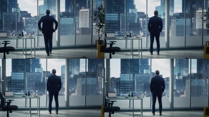 穿着定制西装的体贴黑人商人站在办公室，看着大城市的窗外。成功的企业高管思考电子商务创业投资策略。后视