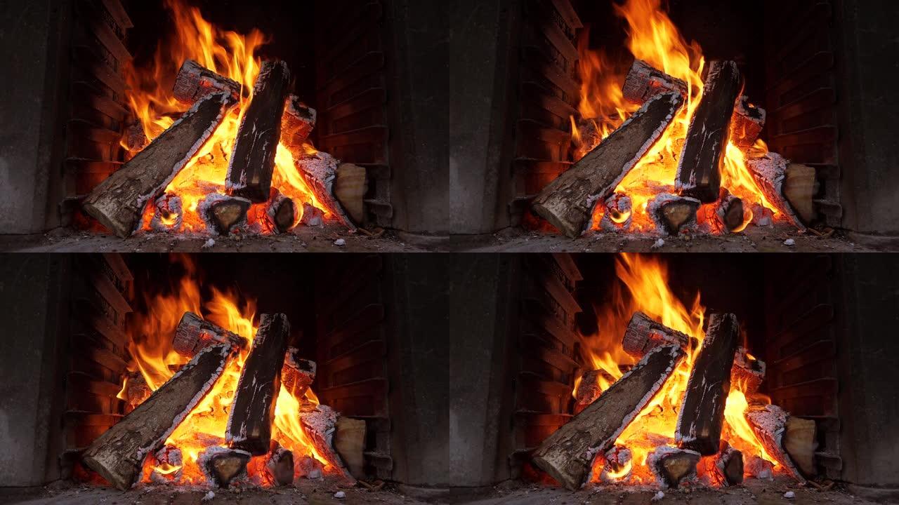 放松而平静的温暖壁炉，家里有原木