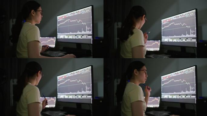 集中亚洲女性坐在台式电脑附近，使用电脑屏幕在家投资股市数据
