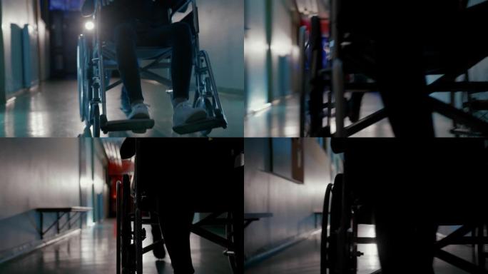 MS医院在医院走廊上有序地推着轮椅上的病人