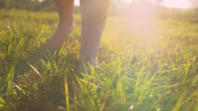 特写，低角度: 年轻的女性赤脚在华丽的光线下在草地上行走