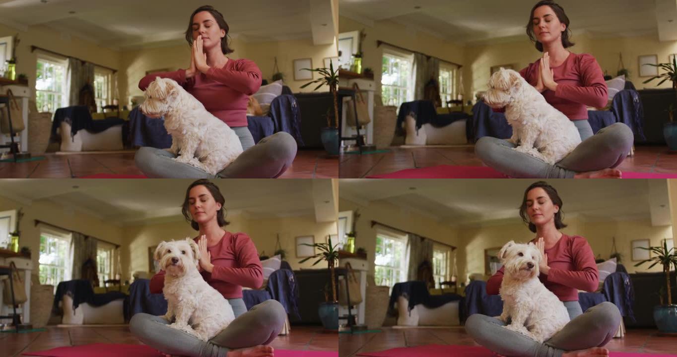白人妇女在家和宠物狗练习瑜伽