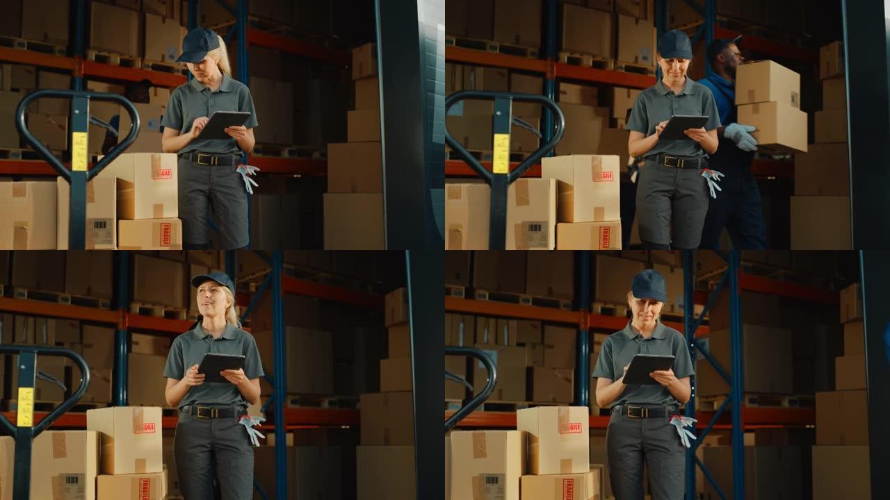 美丽的白人女性经理的肖像使用平板电脑在仓库里装满纸箱。快乐专业在物流配送中心工作，交付电子商务在线订