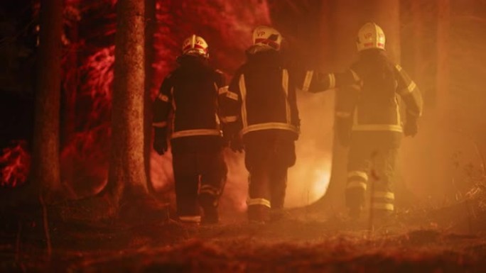 三名配备安全设备和制服的志愿消防员在大火完全失控之前包围了熊熊大火。消防员应对紧急情况并防止灾难。