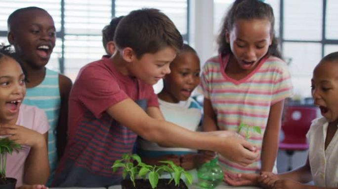 在自然研究课上，一群快乐的学童在教室里照顾植物