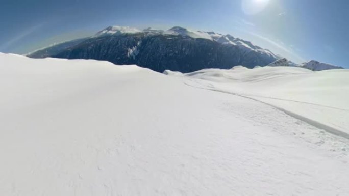 POV: 在阳光明媚的冬日，在加拿大未触及的偏远地区滑雪。