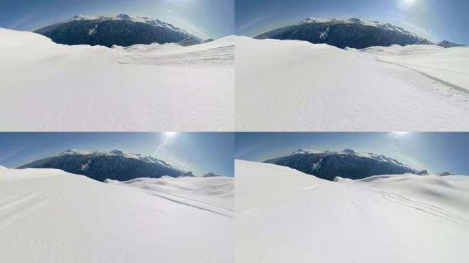 POV: 在阳光明媚的冬日，在加拿大未触及的偏远地区滑雪。