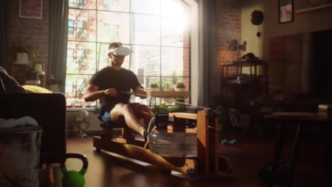 未来派元家庭健身房: 强壮的运动黑人戴着虚拟现实耳机在划船机上锻炼。肌肉混合种族运动员使用互联网VR