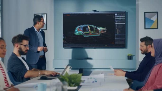 多民族办公室会议室会议: 印度工业工程师向一组技术人员介绍汽车概念，并与3D车辆原型概念一起使用电视