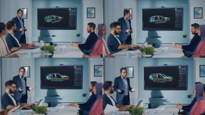 多民族办公室会议室会议: 印度工业工程师向一组技术人员介绍汽车概念，并与3D车辆原型概念一起使用电视