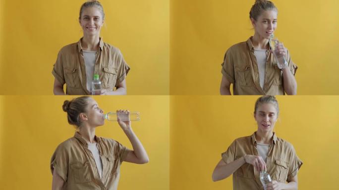 黄色背景上可重复使用的玻璃瓶中的年轻女性饮用水的肖像