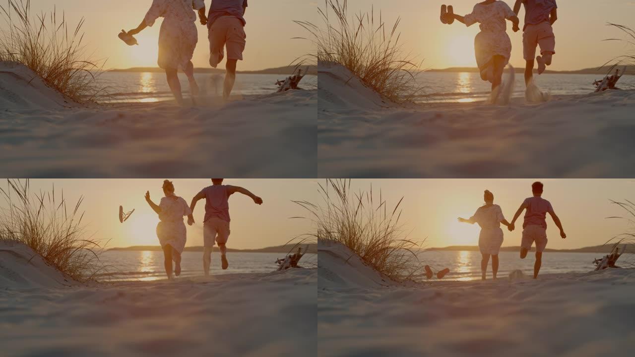 一对夫妇在撒丁岛海滩上奔跑的超级SLO MO (时间扭曲)。