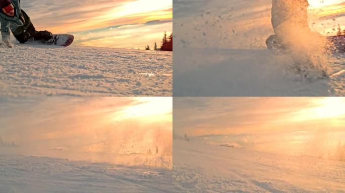 超级SLO MO滑雪者在日落时沿着斜坡雕刻