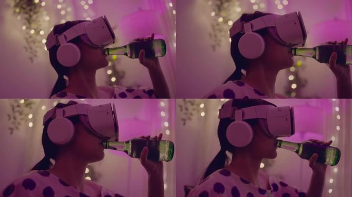 快乐的女孩在虚拟现实耳机中跳舞享受沉浸在虚拟现实派对中