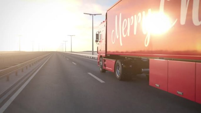 带有圣诞快乐问候的半挂卡车沿着桥行驶
