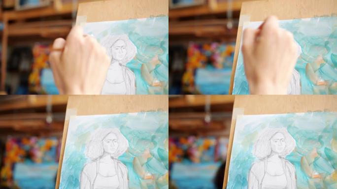 背景中可见模型的手绘水彩肖像的特写