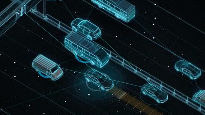 高速公路前置自动驾驶，人工智能，物联网连接汽车。蓝色x射线视图，4k动画。
