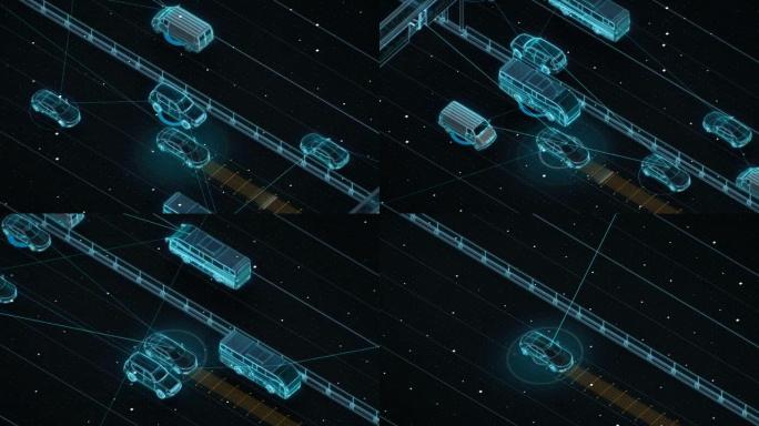 高速公路前置自动驾驶，人工智能，物联网连接汽车。蓝色x射线视图，4k动画。