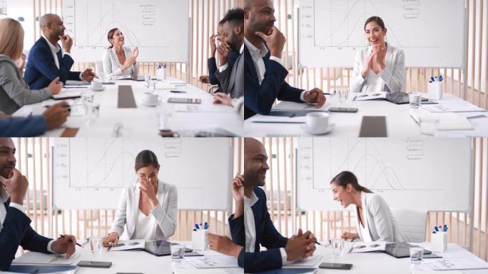 商业女性，在办公室会议上大笑或哭泣，以实现数字营销团队合作，广告合作或kpi公司的成功。微笑、快乐或