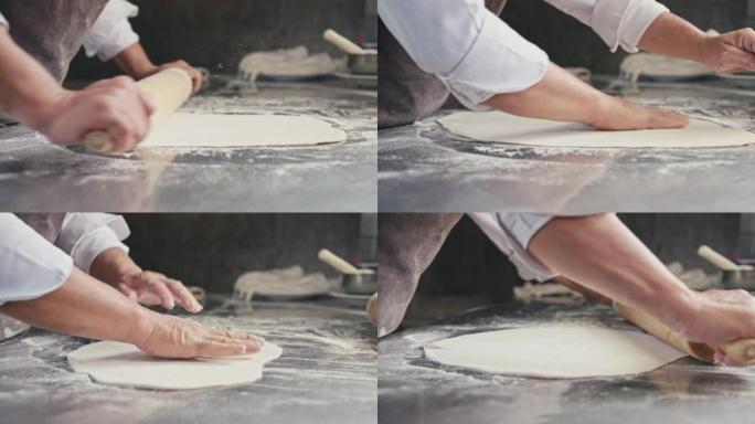 男子用a面杖制作自制披萨
