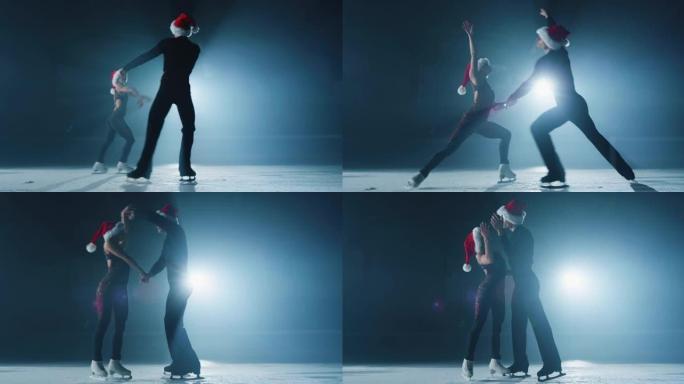 在圣诞节期间的比赛中，几名戴着圣诞老人帽子的花样滑冰运动员在溜冰场上进行双人滑冰编排的电影镜头。假期