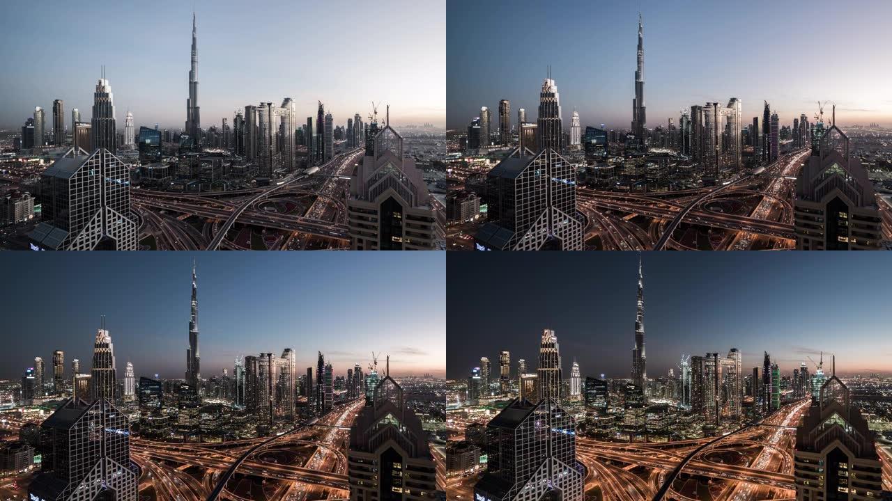 迪拜天际线的T/L鸟瞰图，昼夜过渡/迪拜，阿联酋