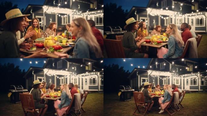 大家庭花园之夜聚会庆典，与亲朋好友聚在一起。缩小年轻人和老年人吃喝玩乐的镜头。