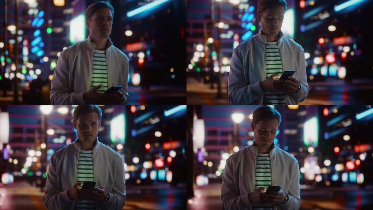 英俊的男人使用智能手机漫步在充满霓虹灯色彩和娱乐的夜城。时尚的年轻人使用手机，在社交媒体上发帖，在线