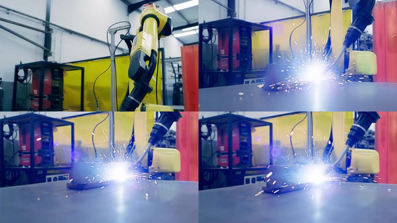 机械臂，工厂中的钢焊接和数字自动化，工作中的制造或AI精度。用于网络创新或自动化工业机械的仓库中的金